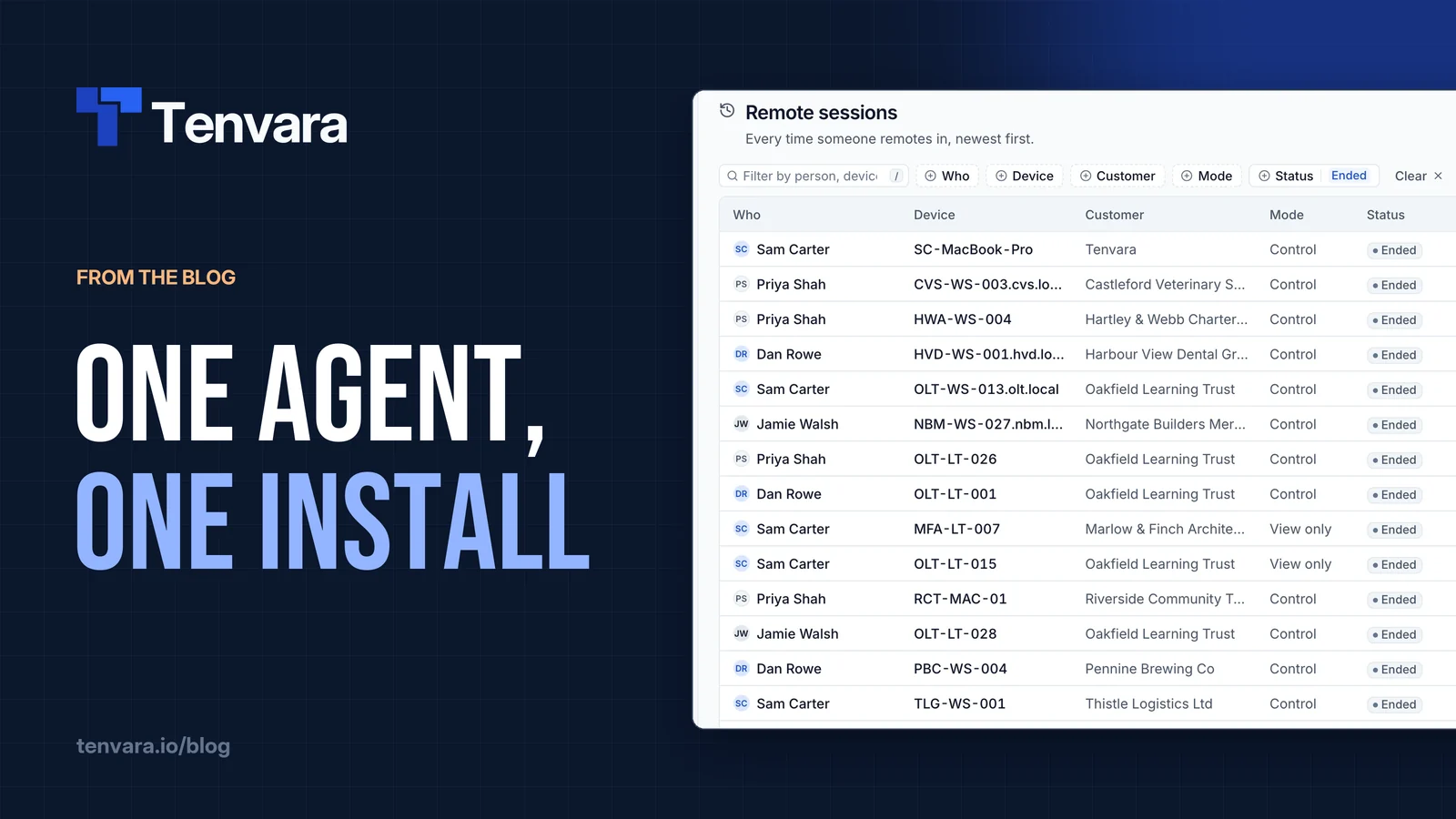 One agent, one install, next to the Tenvara remote sessions list