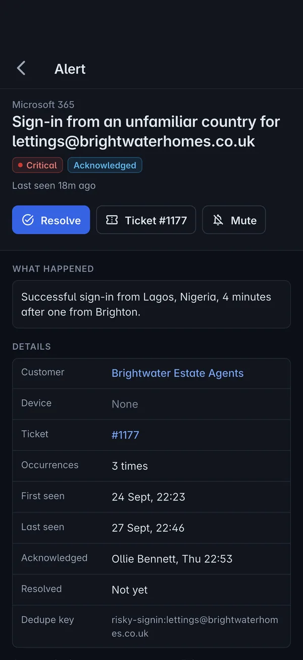 An alert in the Tenvara app with Resolve, the linked ticket and Mute