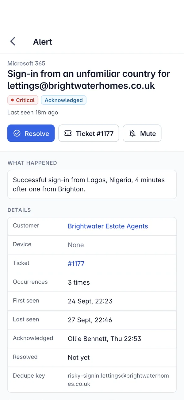 An alert in the Tenvara app with Resolve, the linked ticket and Mute