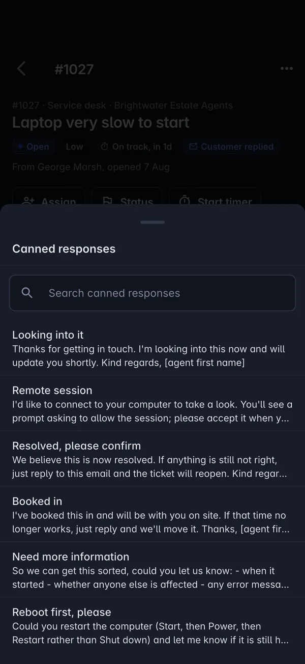 Choosing a canned response while replying to a ticket in the Tenvara app