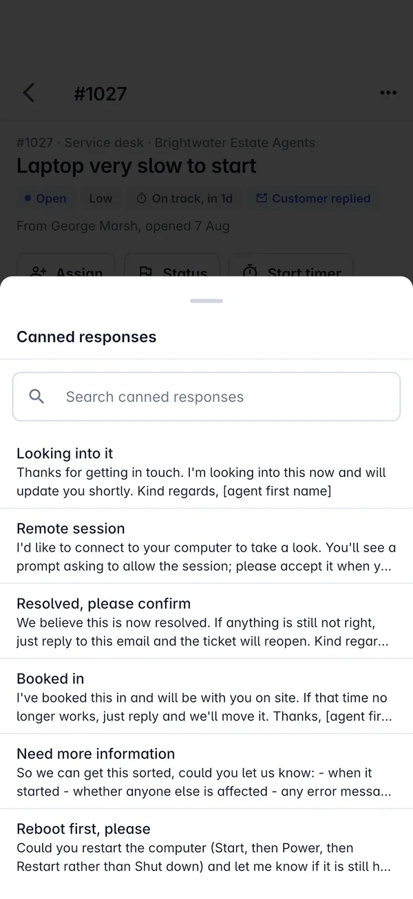 Choosing a canned response while replying to a ticket in the Tenvara app