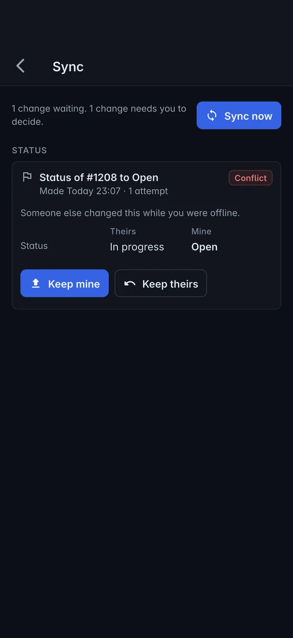 A sync conflict in the Tenvara app with Keep mine and Keep theirs