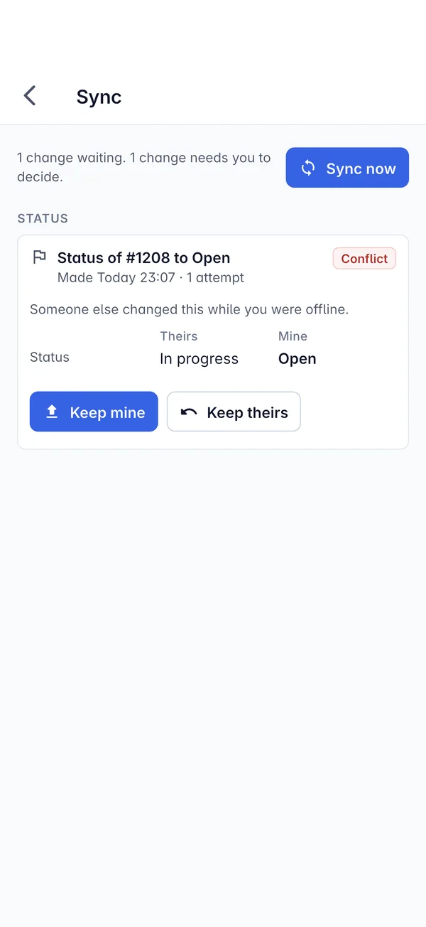 A sync conflict in the Tenvara app with Keep mine and Keep theirs