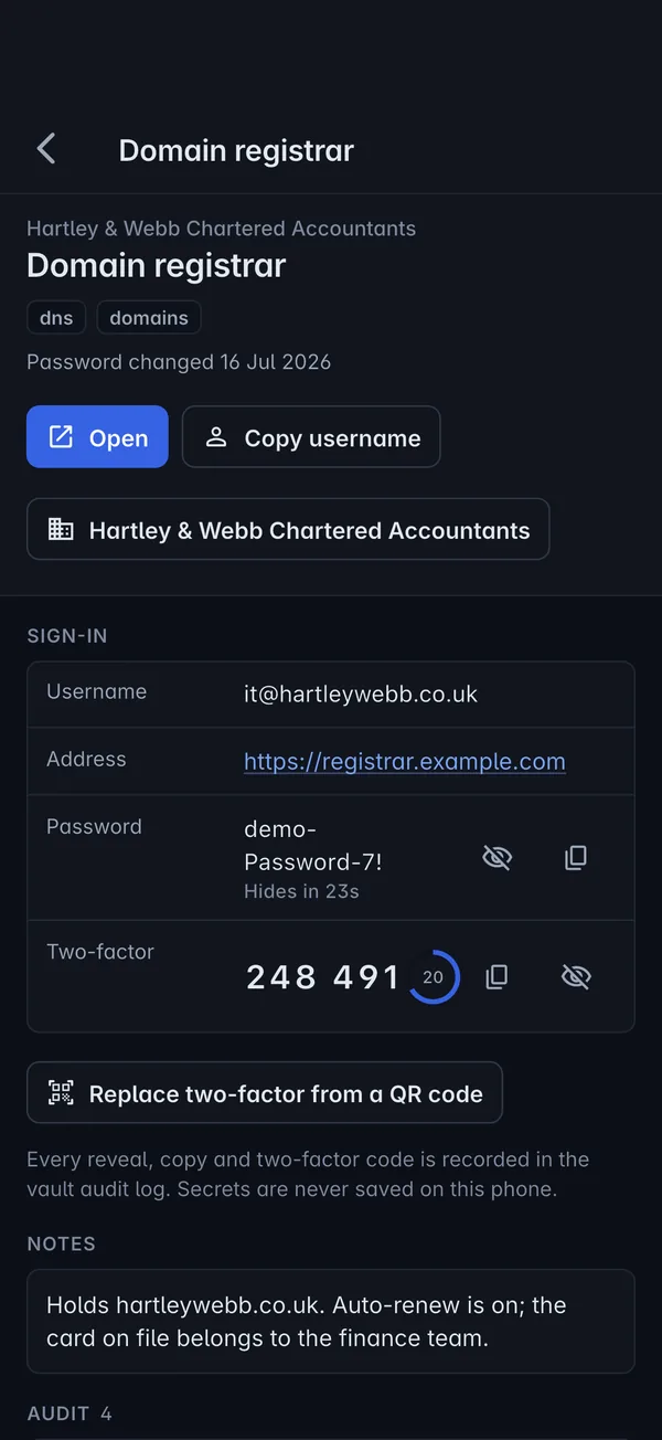 A credential revealed in the Tenvara app with its live two-factor code