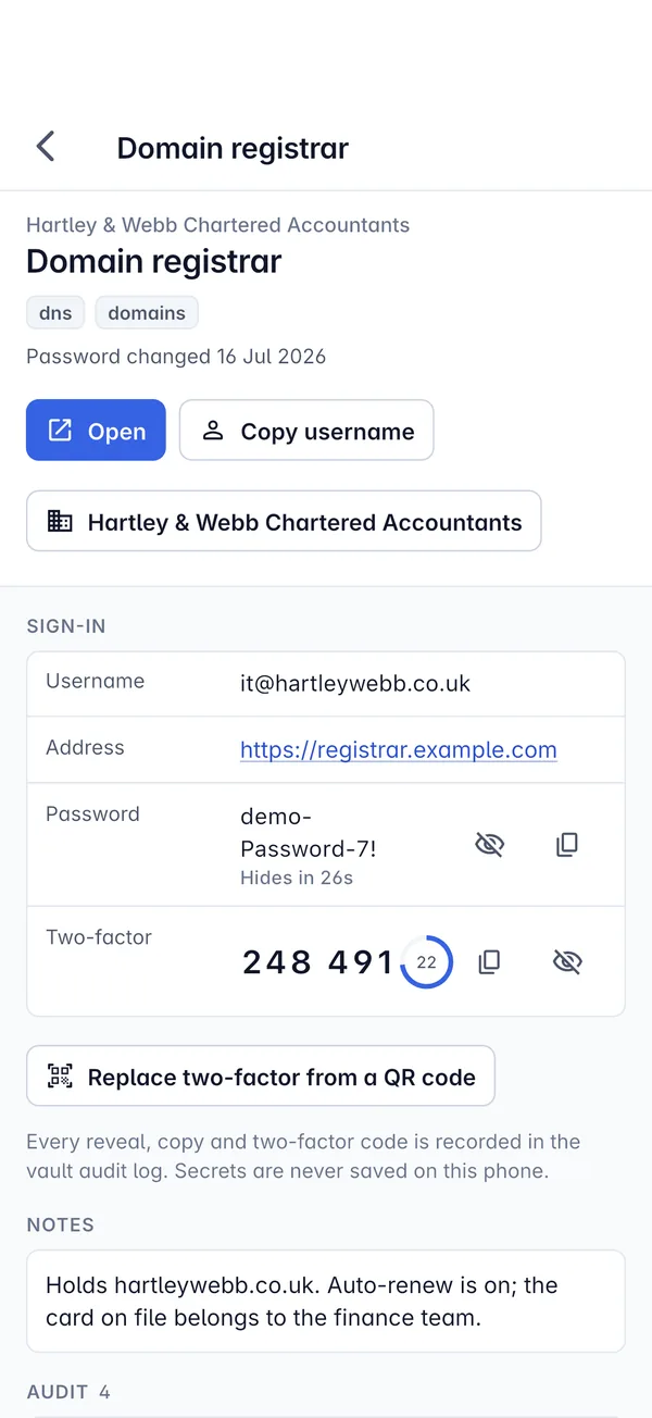 A credential revealed in the Tenvara app with its live two-factor code