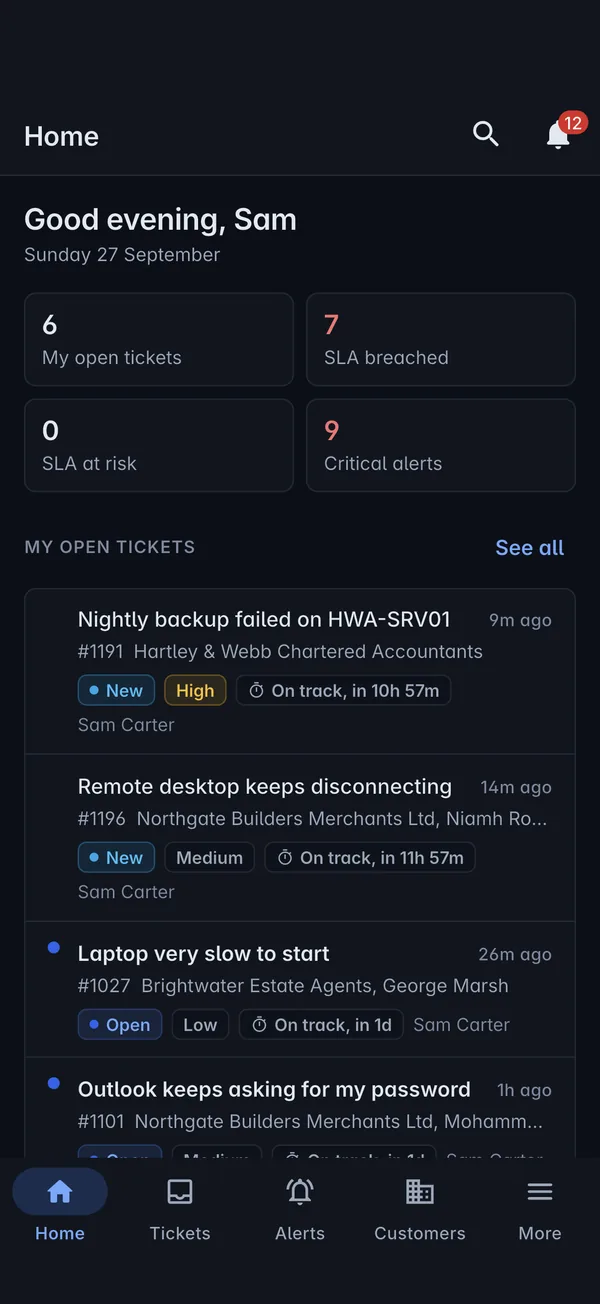 Home in the Tenvara app on a phone, with open tickets, SLA counts and critical alerts
