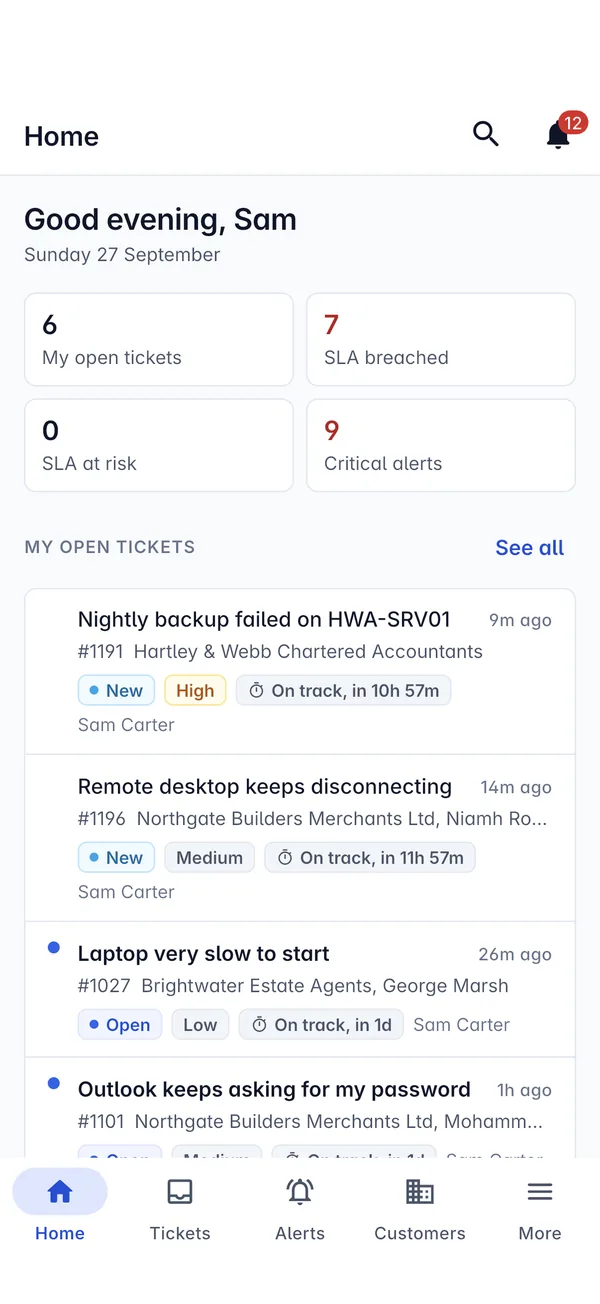 Home in the Tenvara app on a phone, with open tickets, SLA counts and critical alerts
