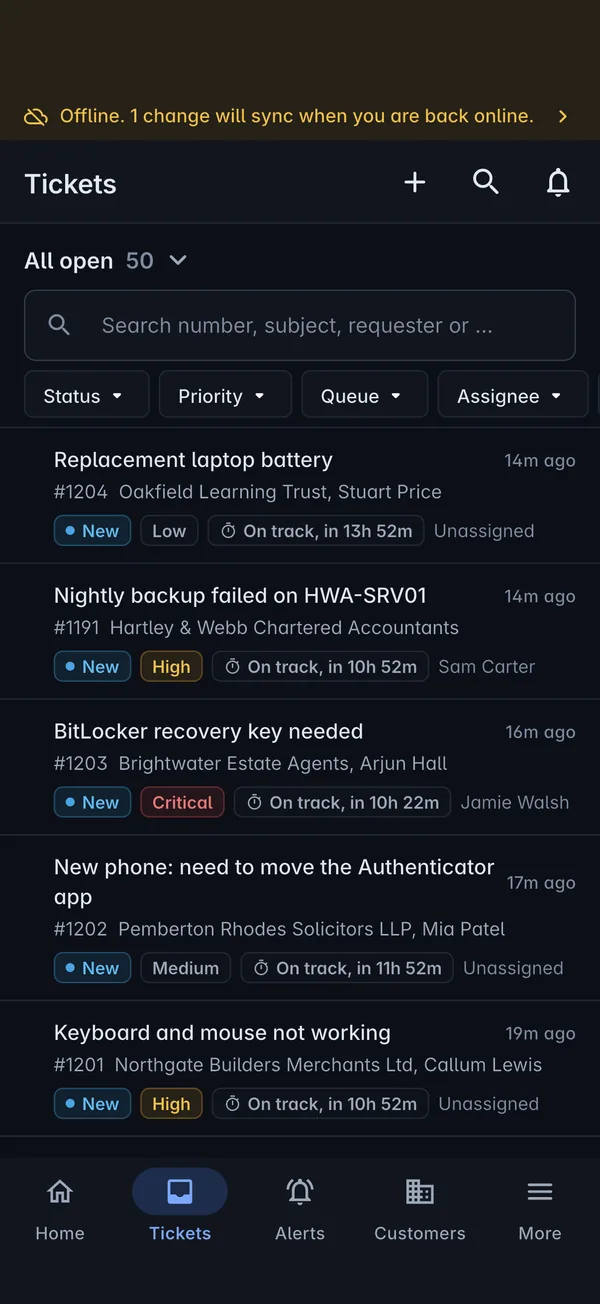 The offline banner in the Tenvara app saying one change will sync when you are back online
