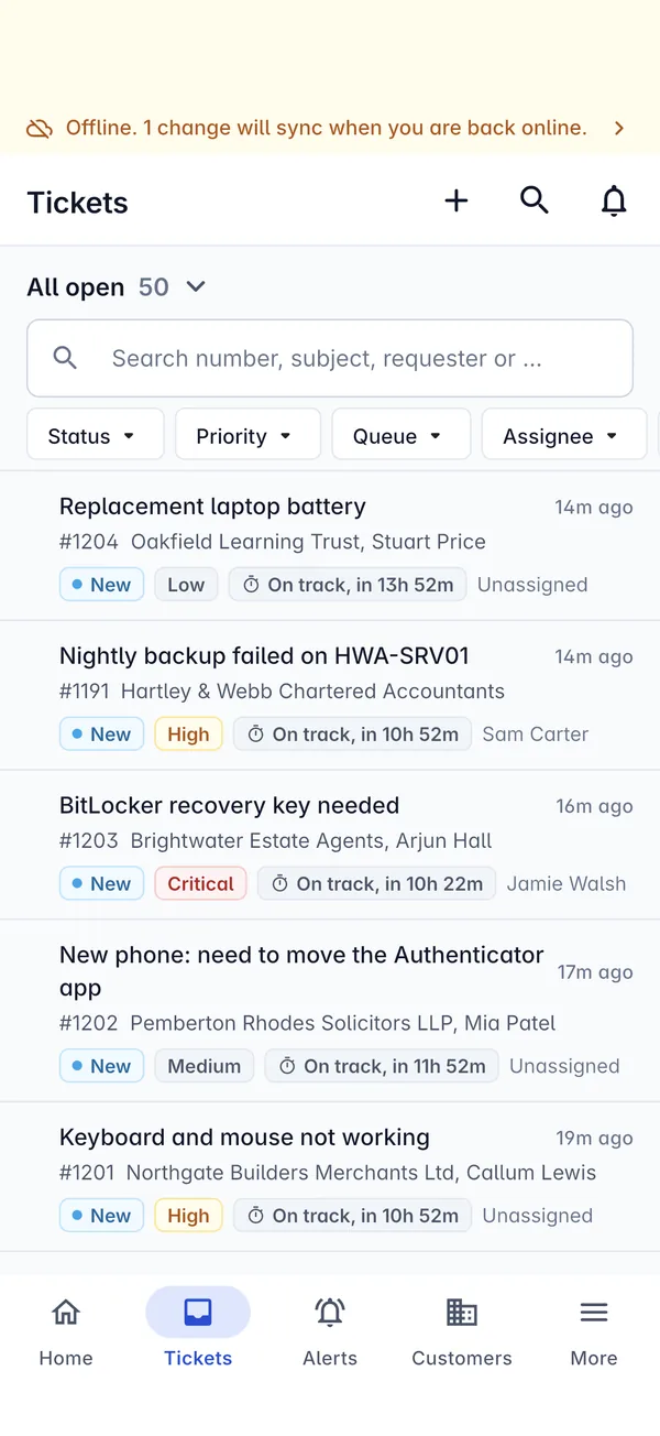 The offline banner in the Tenvara app saying one change will sync when you are back online