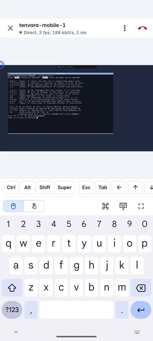 Typing into a live remote control session from the Tenvara app, with the key row and keyboard