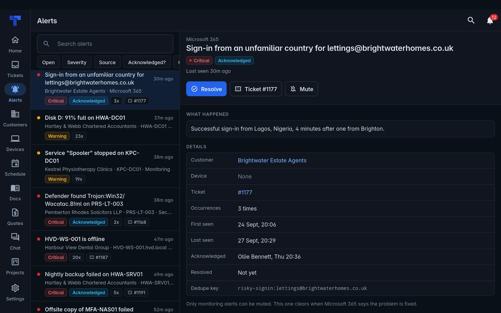 The alerts list and an alert side by side in the Tenvara app on a tablet