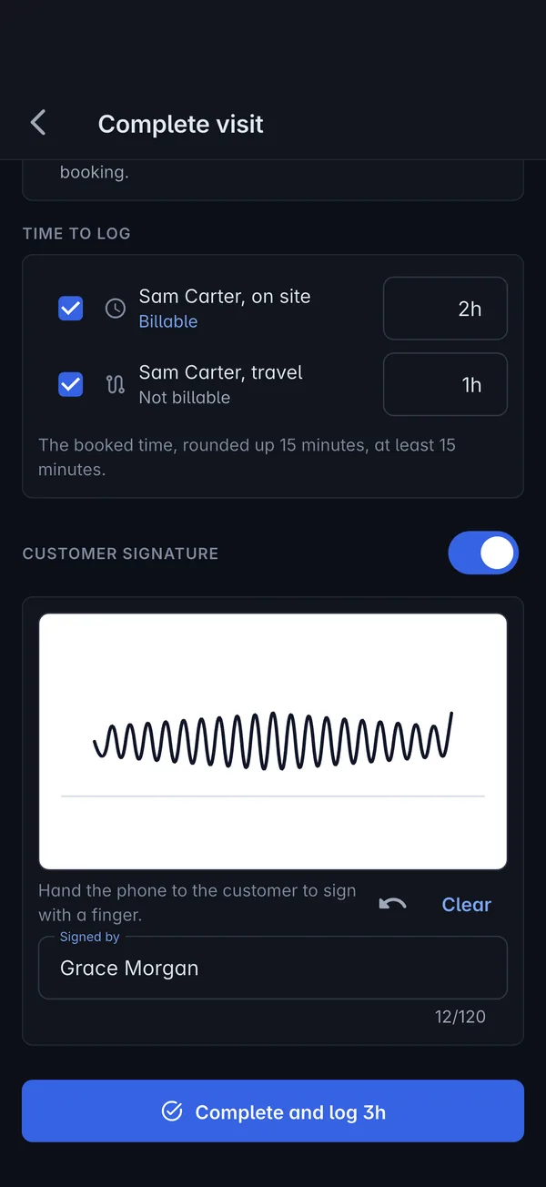 Completing an onsite visit in the Tenvara app, with time to log and the customer's signature