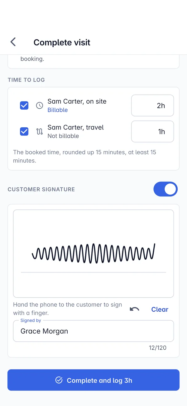 Completing an onsite visit in the Tenvara app, with time to log and the customer's signature