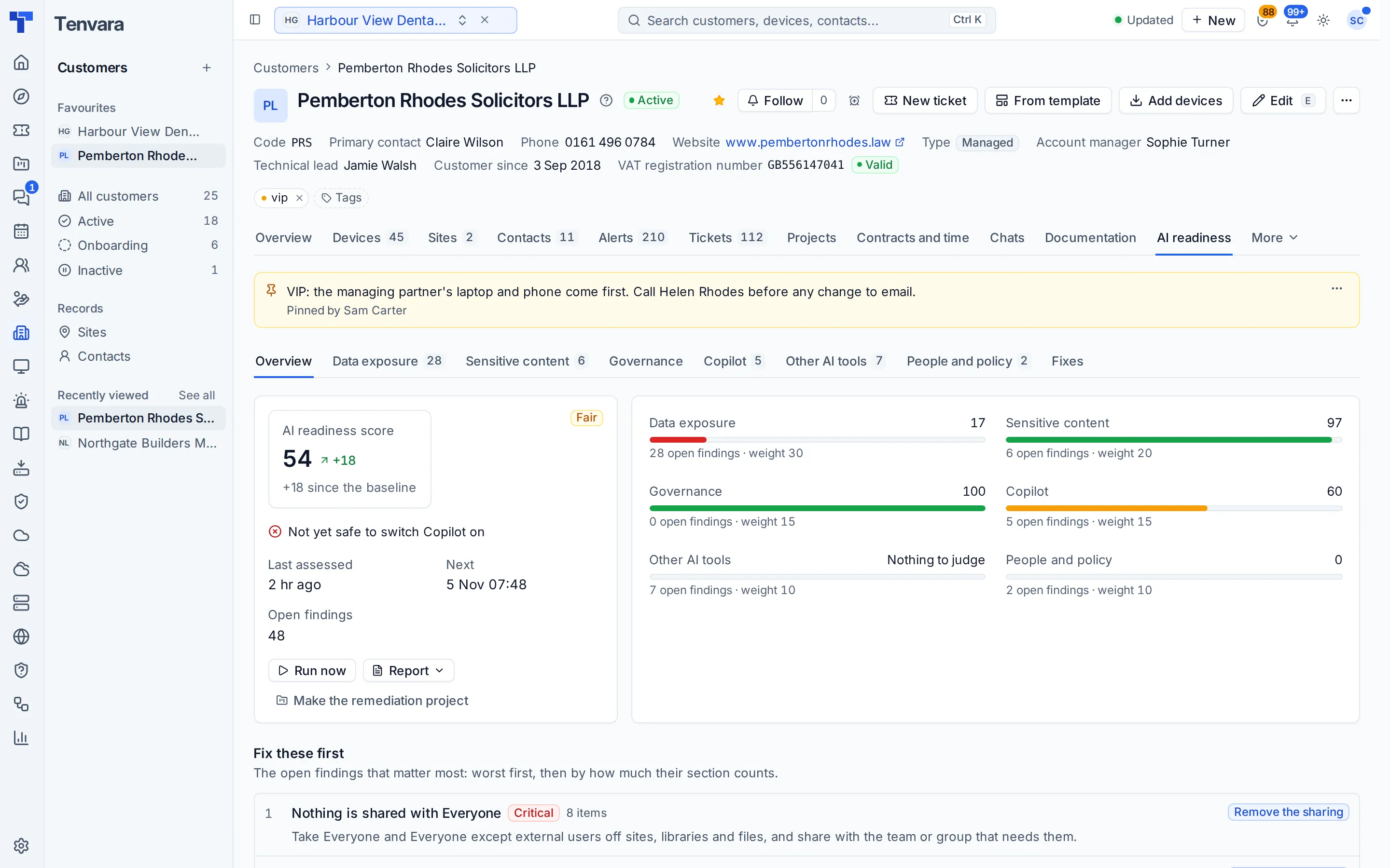 The AI readiness score for a customer with section scores and the fixes to do first