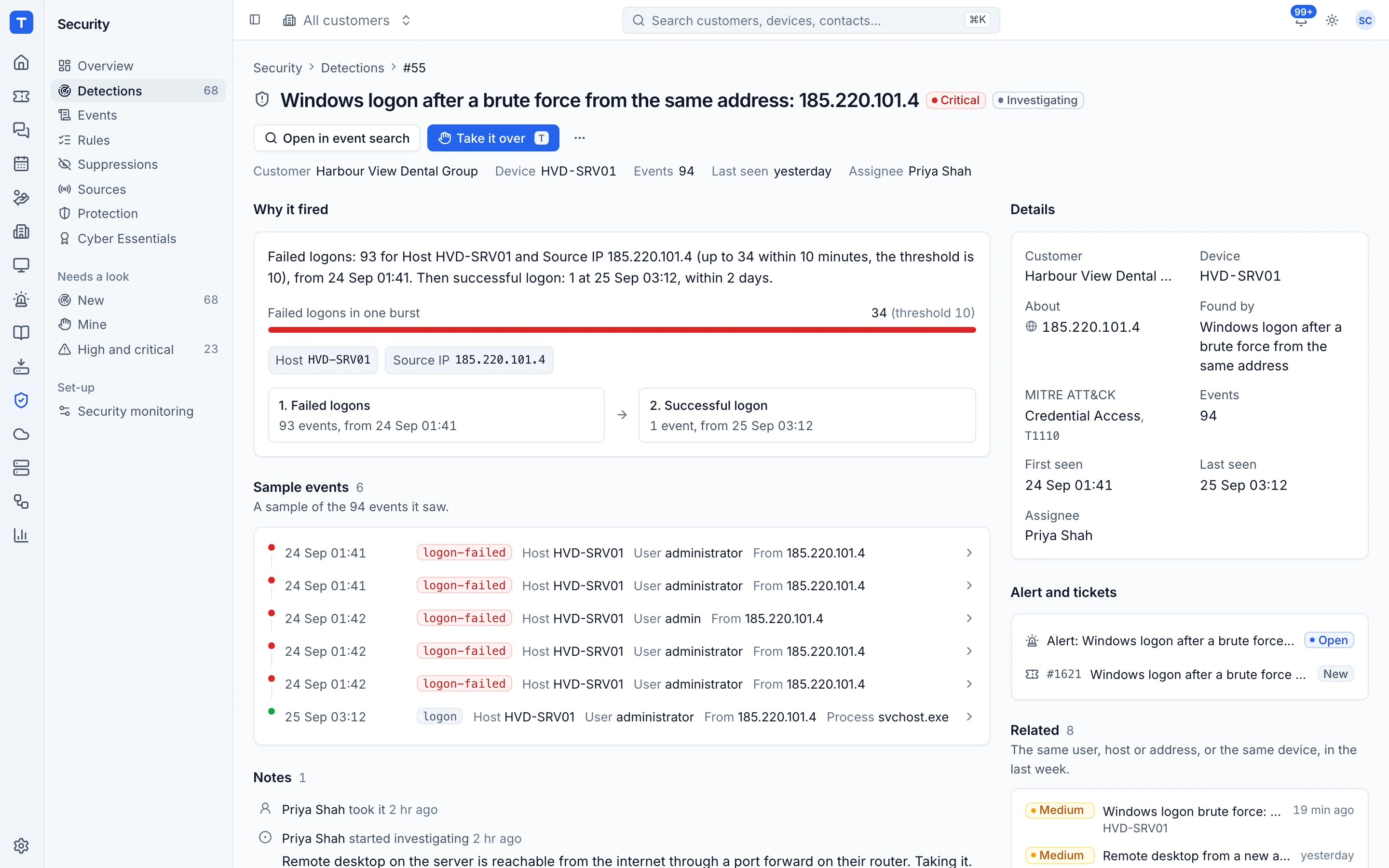 A security detection with its events and the affected device