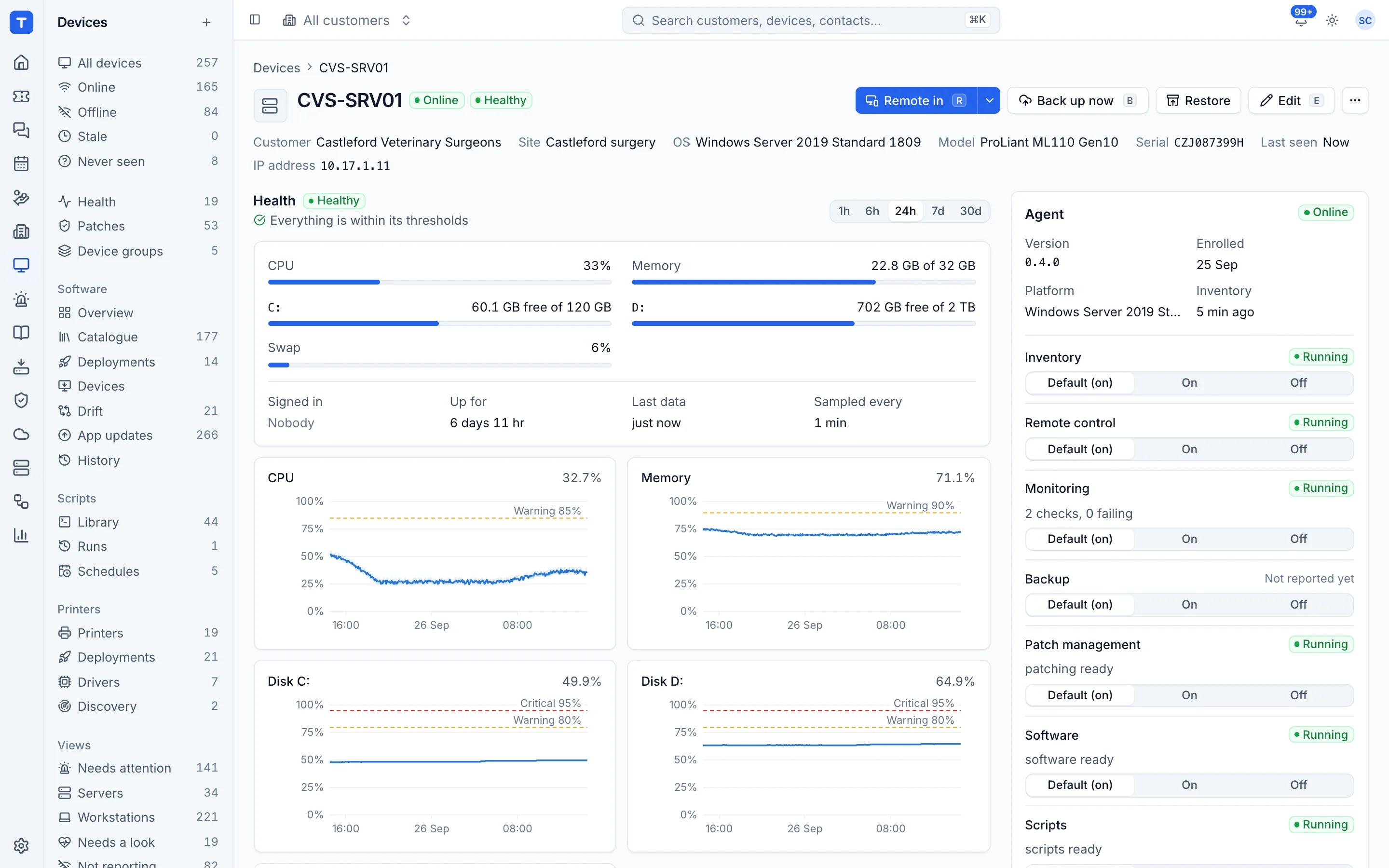 A device page with health charts, agent modules and remote access