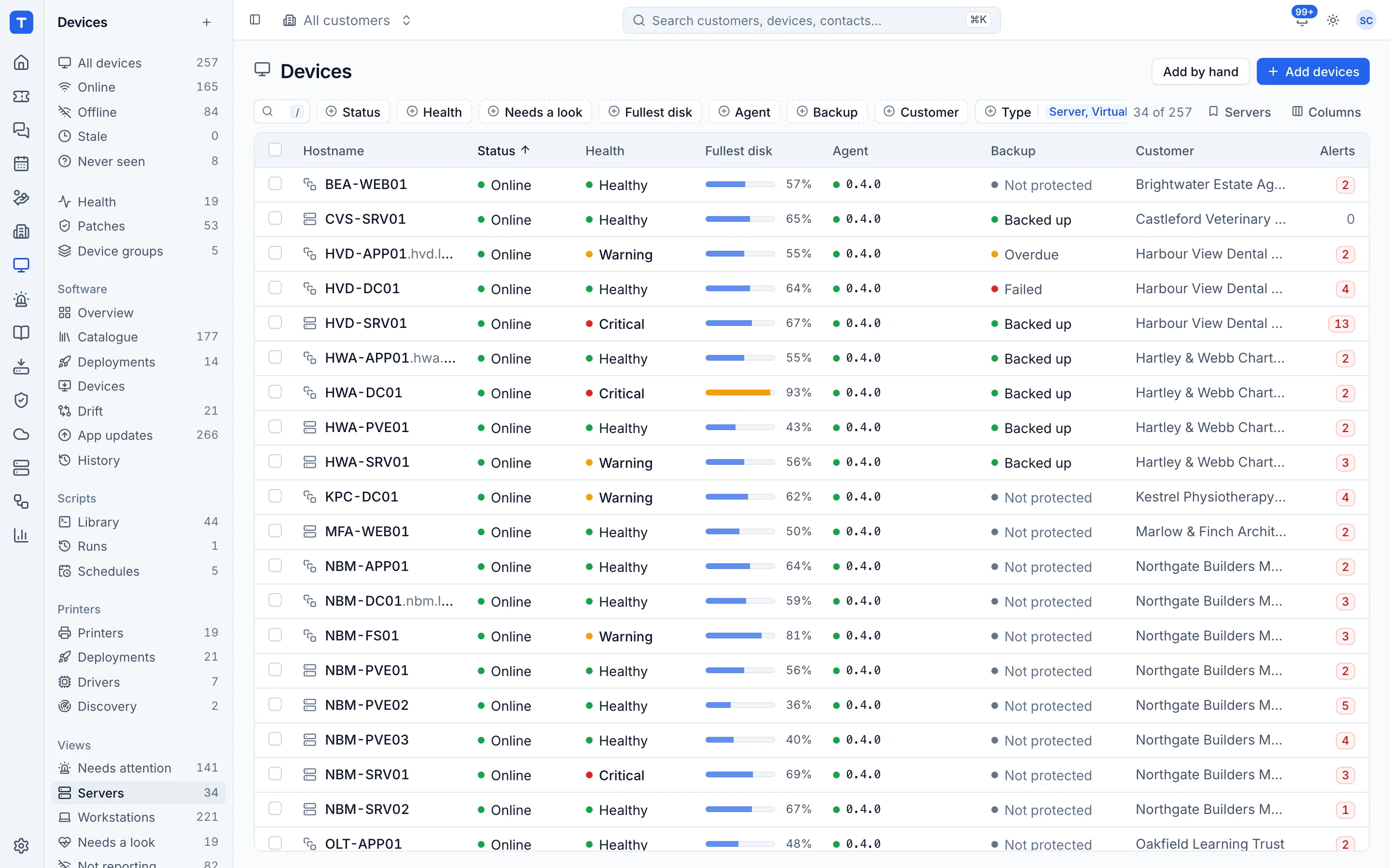 The device list with status, operating system and health columns