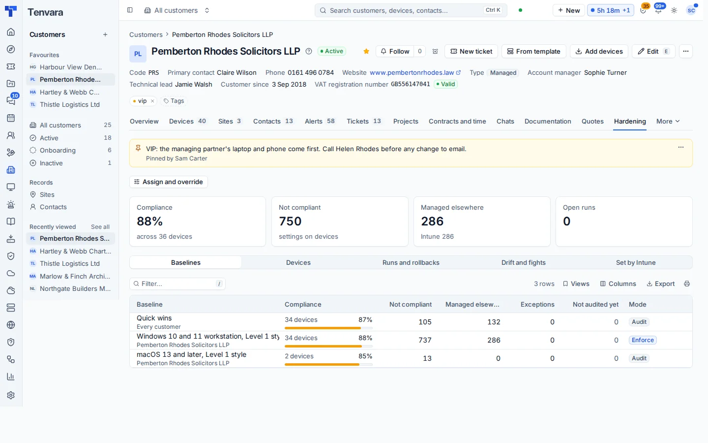 Hardening compliance for a customer by baseline, with settings managed elsewhere and enforcement mode