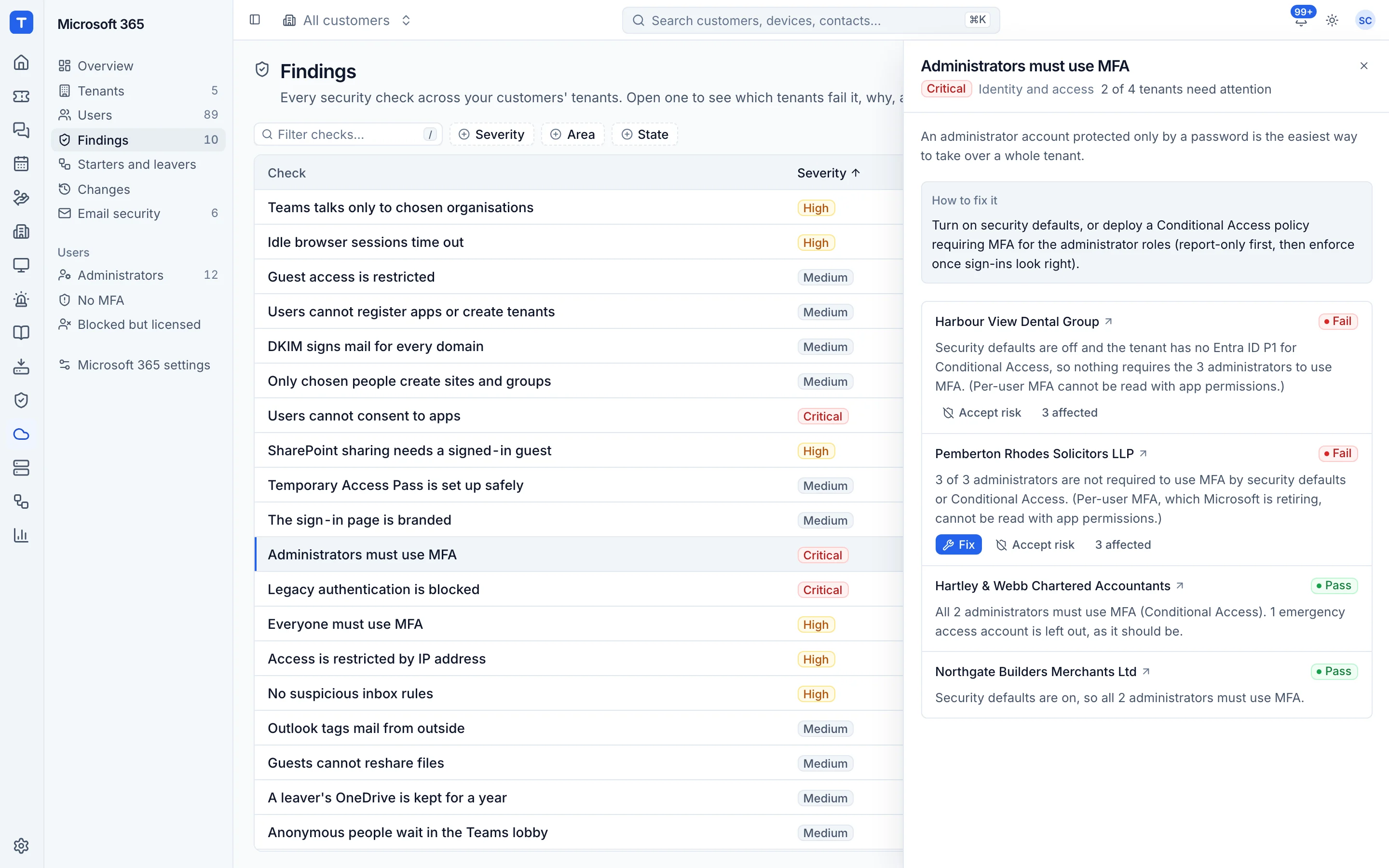 Microsoft 365 posture findings across customer tenants