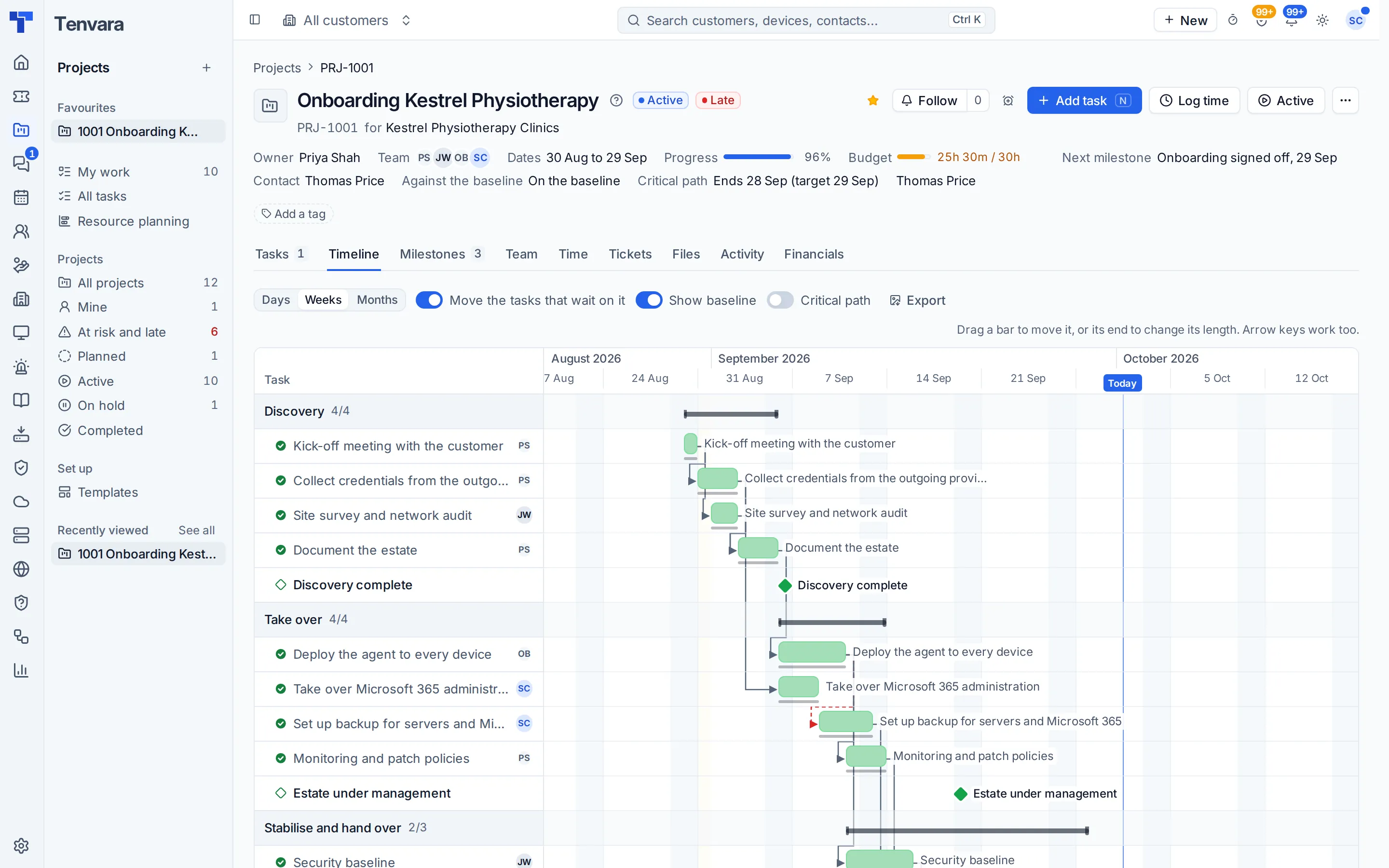 A project timeline with phases, tasks, dependencies and milestones