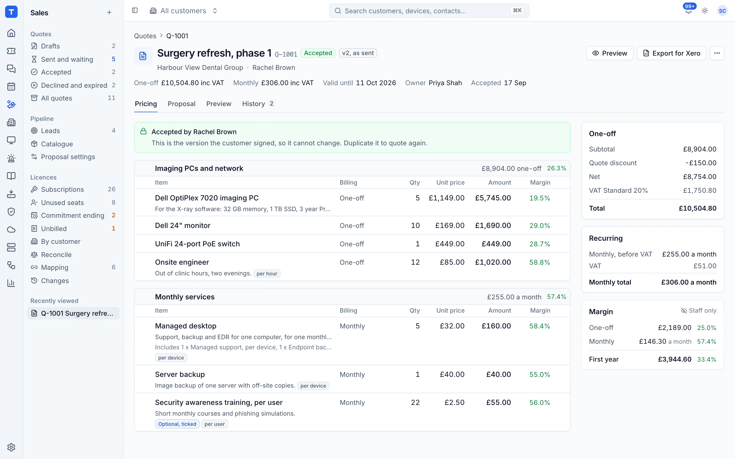 A quote with sections, line items and monthly and one-off totals