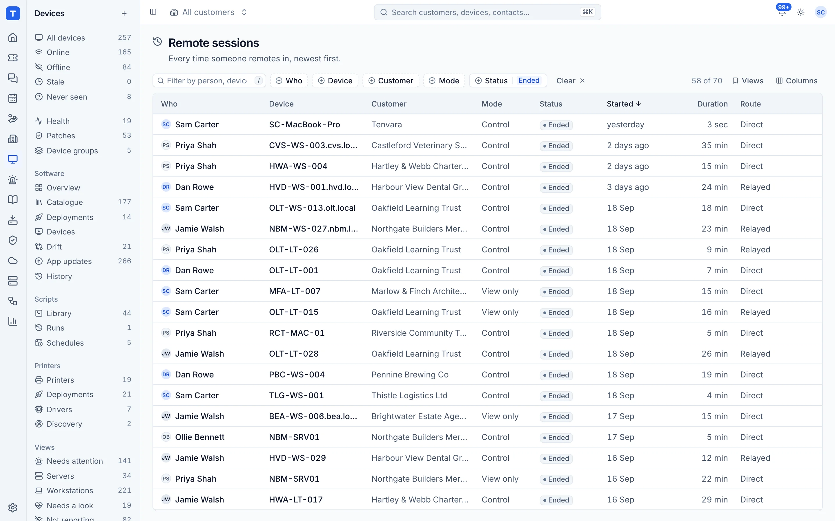 The remote sessions list with live and past sessions