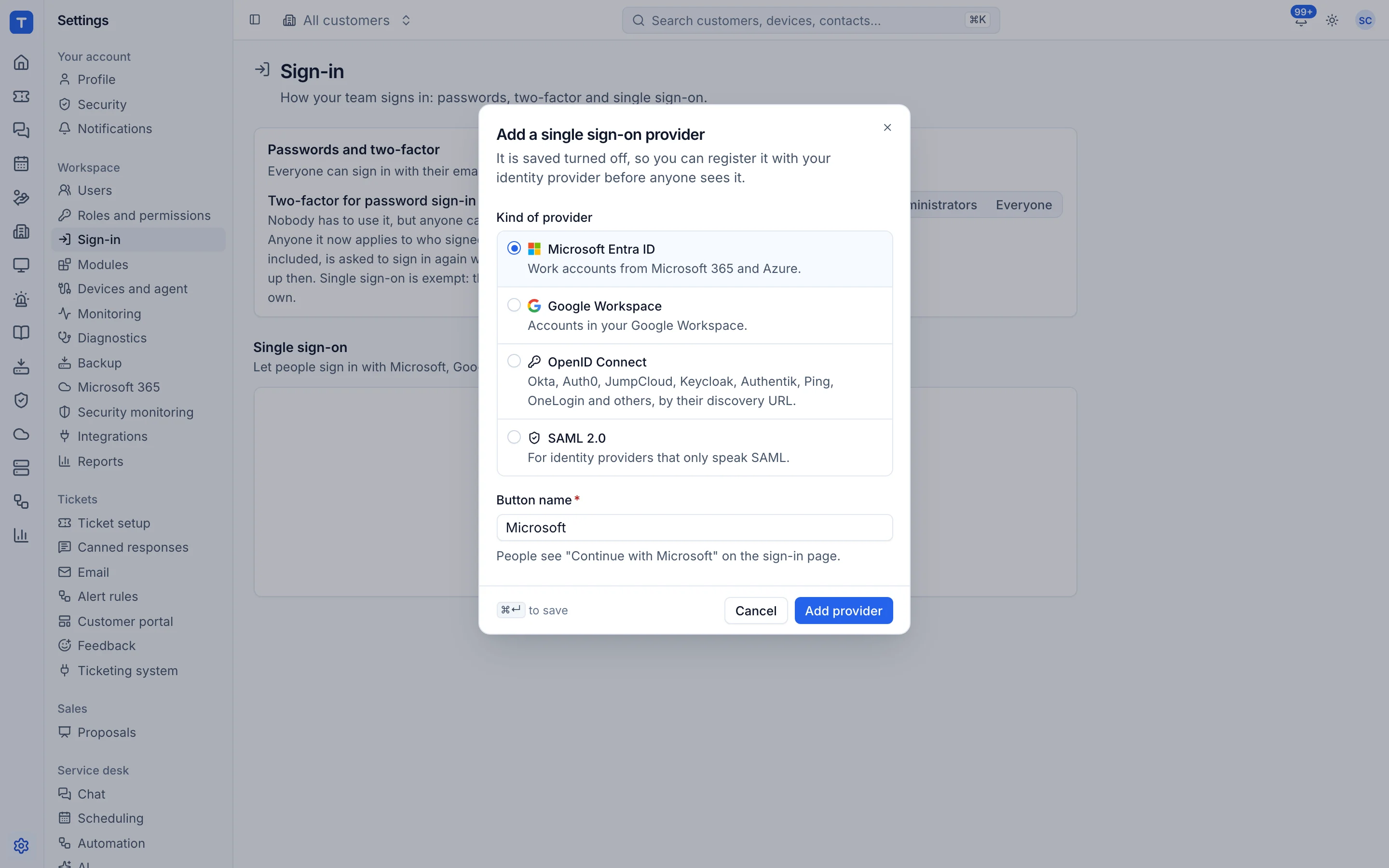 Sign-in settings with Entra ID, Google, OIDC and SAML providers
