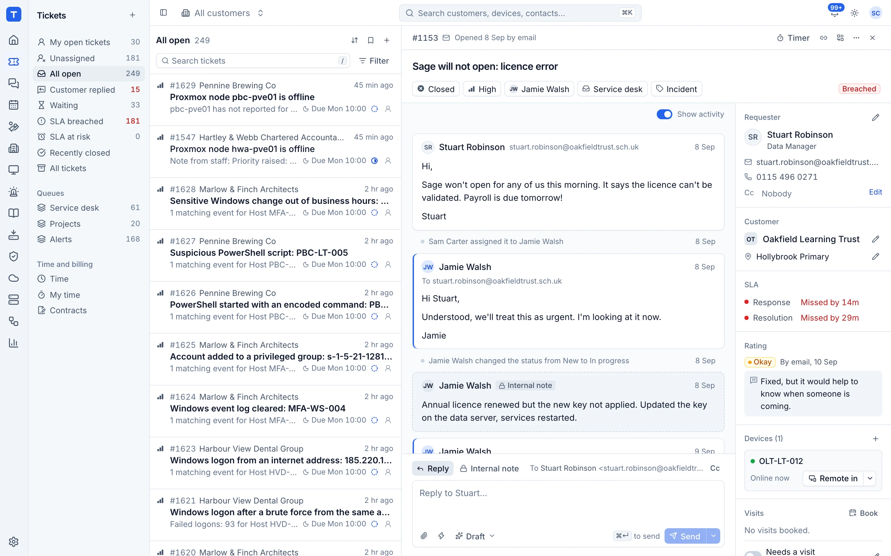 A ticket with the conversation, an AI investigation note and the linked device
