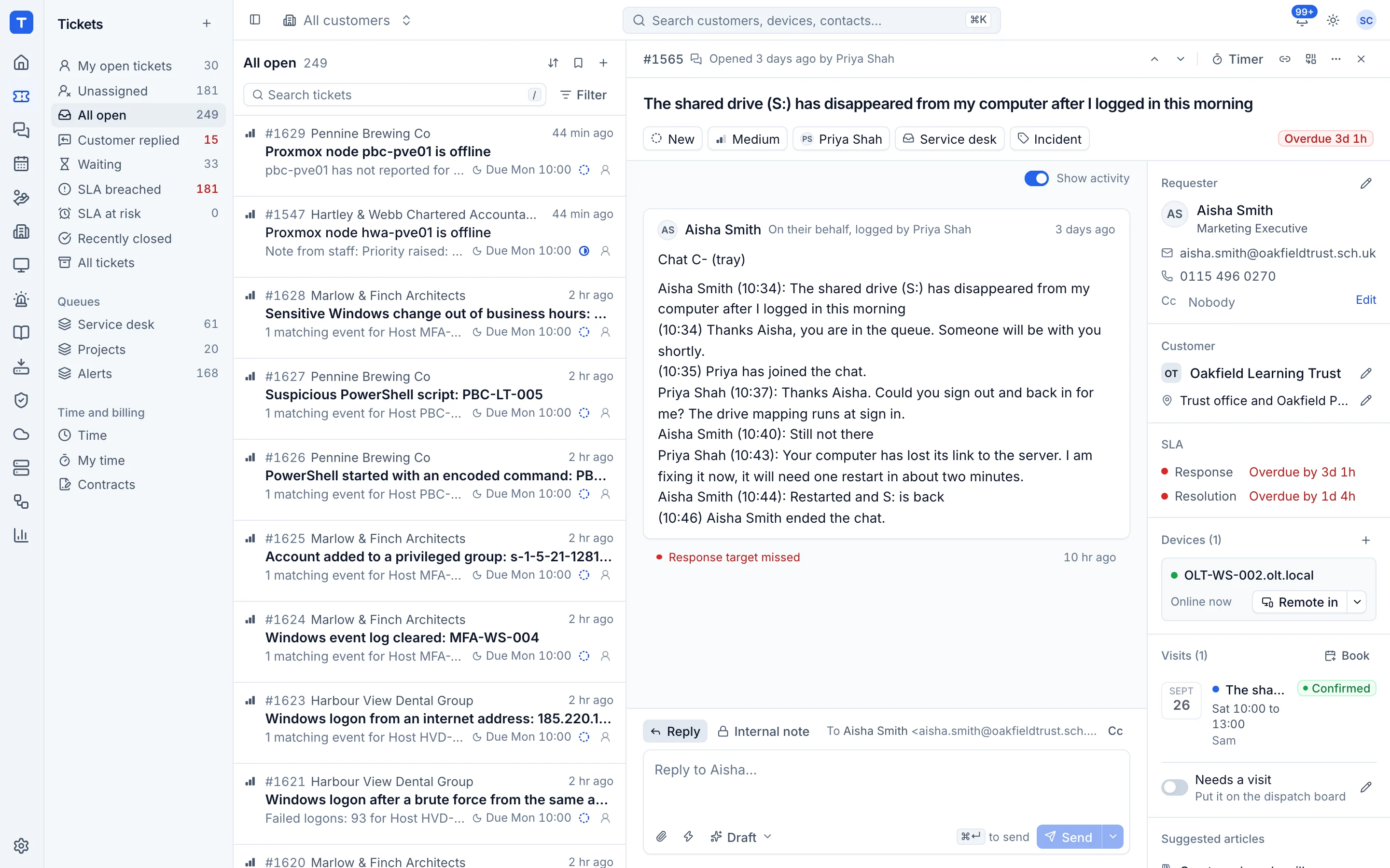 The ticket list with SLA due times, priorities and assignees